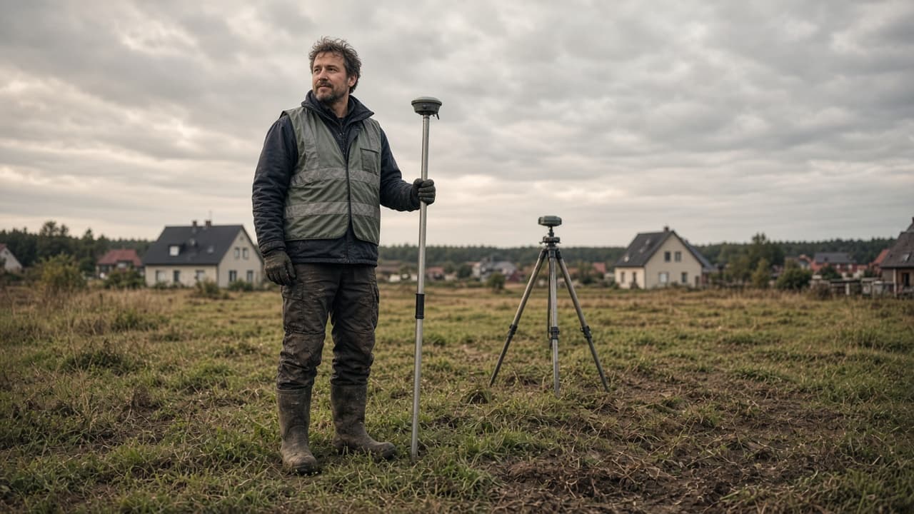 Geodeta z odbiornikiem GNSS na działce budowlanej pod Szczecinem