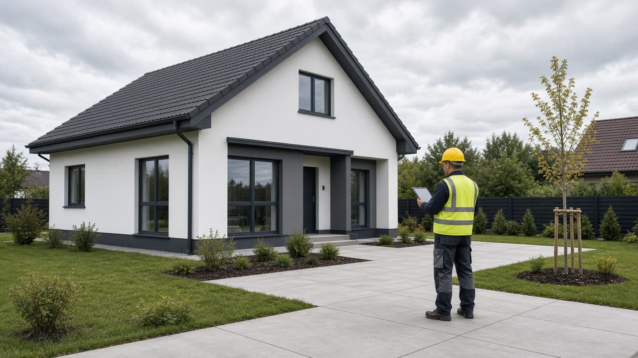 Geodeta przy inwentaryzacji powykonawczej wykończonego domu
