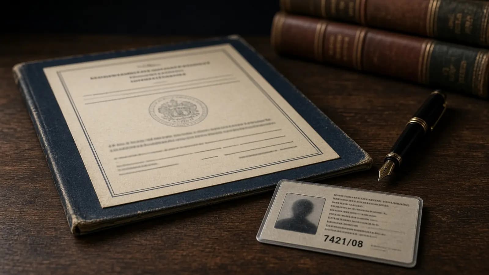Świadectwo i teczka licencji pośrednika — dokument z epoki egzaminu państwowego