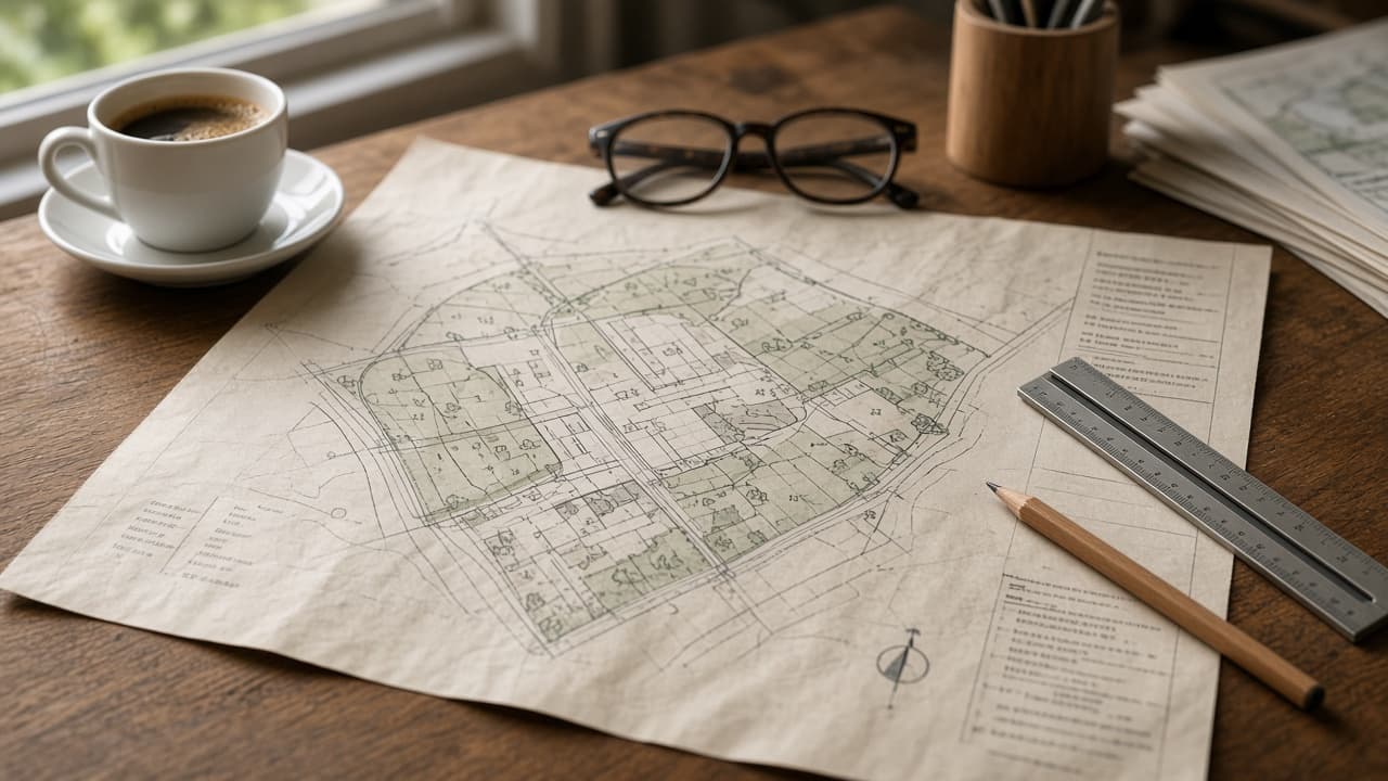 Mapa do celów projektowych rozłożona na biurku geodety