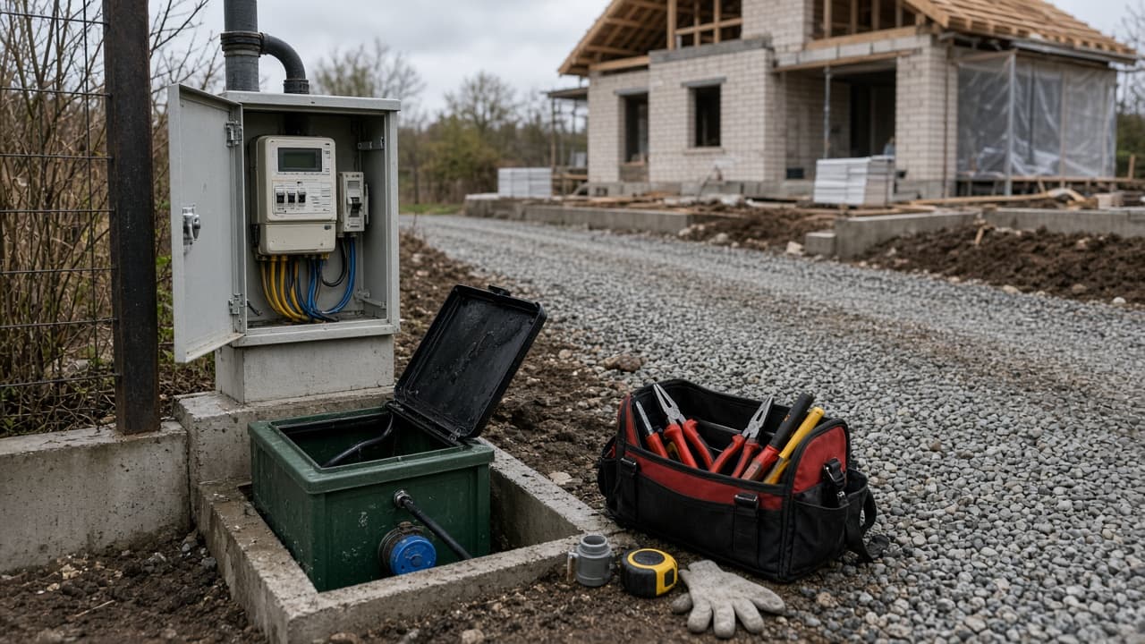 Szafka energetyczna i przyłącza na działce budowlanej