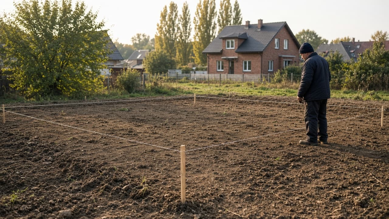 Wytyczenie obrysu przyszłego domu — paliki i sznurek na działce
